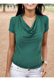 Women's Padded Shoulders Pleated Short Sleeve Sandy Fabric Blouse - 5