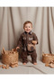 Baby Boy 2-Piece Casual Play & Travel Set – Brown Plaid Detailed Long Sleeve Snap-Up Romper & Teddy Bear Bag