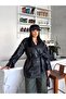 New Season Women's Belted Oversize Double-Breasted Collar Leather Trench Coat