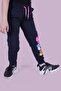 Floral Patterned Girl's Double Pocket Navy Blue Sweatpants - 3