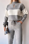 High Collar Stripe Blocky Tight Knit Top and Bottom Knitwear Tracksuit Set - 3