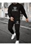 3 Thread Crown King Sweatshirt Jogger - Black Printed Bottom Top Tracksuit Set Crew Neck