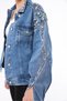 Women's Designer Denim Jacket with Colorful Stone Bead Chain Embroidery Detail, Blue Oversize Fit Bomber Coat, Limited Edition - 7