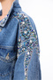 Women's Designer Denim Jacket with Colorful Stone Bead Chain Embroidery Detail, Blue Oversize Fit Bomber Coat, Limited Edition - 3