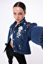Women's Designer Denim Jacket with Stone Bead Embroidery Detail, Blue Marine Pattern, Oversized Fit Bomber Coat - 5