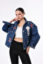 Women's Designer Denim Jacket with Stone Bead Embroidery Detail, Blue Marine Pattern, Oversized Fit Bomber Coat - 3