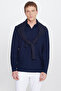 Men's Navy Blue Slim Fit Polo Collar Jacquard Stretch T-Shirt - 3