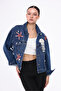 Women's Designer Denim Jacket with Stone Bead Embroidery Detail, Blue Marine Pattern, Oversized Fit Bomber Coat