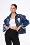 Women's Designer Denim Jacket with Stone Bead Embroidery Detail, Blue Marine Pattern, Oversized Fit Bomber Coat - 4