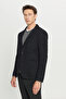 Men's Black Wool Slim Fit Mono Collar Plaid Patterned Blazer Jacket - 3
