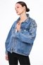 Women's Designer Denim Jacket with Colorful Stone Bead Chain Embroidery Detail, Blue Oversize Fit Bomber Coat, Limited Edition - 6