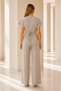 Women's Gold Brooch Double-Breasted Pleated Wide-Leg Pants Set – Beige - 5