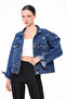 Women's Designer Denim Jacket with Stone Embellishments, Blue Oversized Bomber Coat - 3