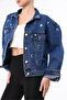 Women's Designer Denim Jacket with Stone Embellishments, Blue Oversized Bomber Coat - 4