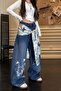Navy Blue Vintage Scarf Rabbit Print Baggy Pants - 2