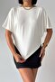 Crep Women's Viscose Fabric Draped Bat Sleeve Asymmetrical Loose T-Shirt Ecru - 5
