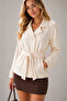 Women's Ecru Cashmere Short Coat Double-Breasted Belted Double-Button Lined Jacket Long Coat - 5