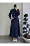 Navy Blue Bow Collar Detailed Hijab Jacket Skirt Set