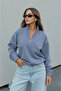 Women's Indigo Blue Half-Zip High Collar Oversize Sweatshirt Elastic Comfortable Fit - 2