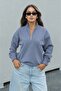 Women's Indigo Blue Half-Zip High Collar Oversize Sweatshirt Elastic Comfortable Fit