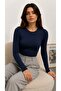 Women's Navy Blue Crew Neck Basic Long Sleeve Soft Stretchy Fabric Blouse - 6
