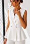 Women's White Double Breasted Collar Heart Buttoned Waist Fitted Peplum Sleeveless Vest Blouse - 2