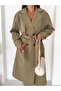 Women's Khaki Lined Long Trench Coat with Windbreaker Detail on the Front - 5
