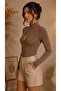 Women's Brown Turtleneck Blouse with Front Window Detail - 4