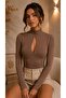 Women's Brown Turtleneck Blouse with Front Window Detail - 2