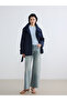 Navy Blue Stand Collar Belted Women's Gabardine Trench Coat - 2