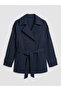 Navy Blue Stand Collar Belted Women's Gabardine Trench Coat - 6
