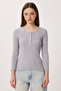 2-Pack Snap Fastener Ribbed Knitted Blouse Lrn0061 Gray Melange Brown - 5