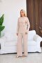 Women's Beige Buckle-Strap Gathered Blouse and Trousers 2-Piece Set - 4