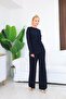 Women's Navy Blue Buckle Drawstring Blouse Pants 2-Piece Set