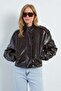 Zippered Stand Collar Pleated Faux Leather Jacket - 5