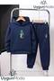 Cotton Printed Feather Pattern Hooded Thick Cotton Inside Track Suit with Pockets Children's Top and Bottom Track Suit Set