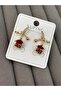 Gold Women's Earrings with Zircon Stones, Red Roses and Bow Detail - 3