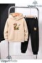 Capy Styles Printed Hooded Thick Cotton Inside Padding Tracksuit with Pockets Children's Top and Bottom Tracksuit Set