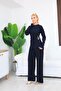 Women's Navy Blue Buckle Drawstring Blouse Pants 2-Piece Set - 5