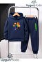 Double Green Shape Printed Hooded Thick Cotton Inside Padding Tracksuit with Pockets Children's Bottom and Top Tracksuit Set