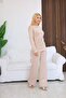 Women's Beige Buckle-Strap Gathered Blouse and Trousers 2-Piece Set
