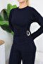 Women's Navy Blue Buckle Drawstring Blouse Pants 2-Piece Set - 3