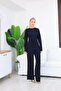 Women's Navy Blue Buckle Drawstring Blouse Pants 2-Piece Set - 4