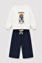 Boy's Ecru Teddy Bear Printed Sweatshirt and Navy Blue Striped Sweatpants Set - 2