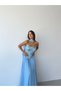 Baby Blue Strapless Embroidered Bustier Detailed Long Evening Dress - 6