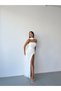 White Strapless Scarf and Slit Chiffon Fabric Evening Dress - 3