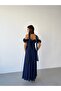 Navy Blue Thin Straps Flounce Collar Pleated Evening Dress - 7