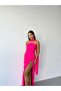 Fuchsia Strapless Scarf and Slit Chiffon Fabric Evening Dress - 3