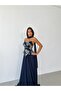 Navy Blue Strapless Embroidered Bustier Detailed Long Evening Dress - 4