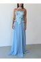 Baby Blue Strapless Embroidered Bustier Detailed Long Evening Dress - 7